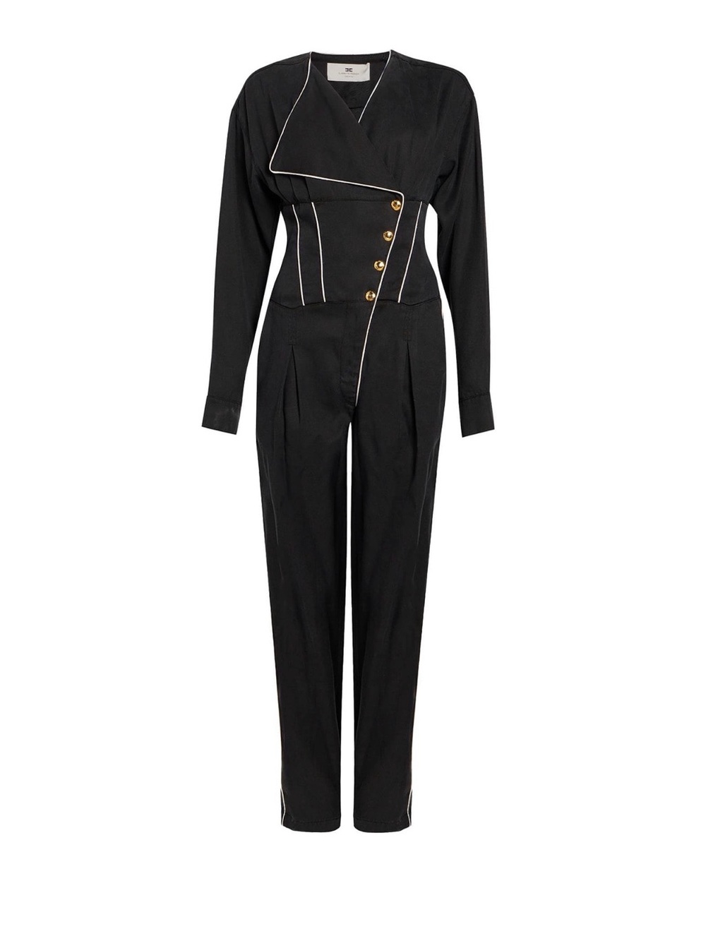Black Tailored Jumpsuit with White Piping and Gold Buttons